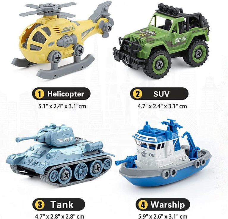 Preview image 2nd product image for Military Army Toy Cars 4 Pack w/Screwdriver - STEM Toys - BachcheCompany.com