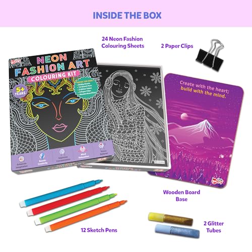 2nd product image for Little Berry Canvas Neon Fashion Mandala Art Coloring Kit for Adults & Kids - 24 Sheets, Sketch Pens & Glitter Tubes - Gift & Creative Fun- BachcheCompany.com