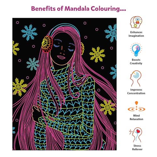 4th product image for Little Berry Canvas Neon Fashion Mandala Art Coloring Kit for Adults & Kids - 24 Sheets, Sketch Pens & Glitter Tubes - Gift & Creative Fun- BachcheCompany.com
